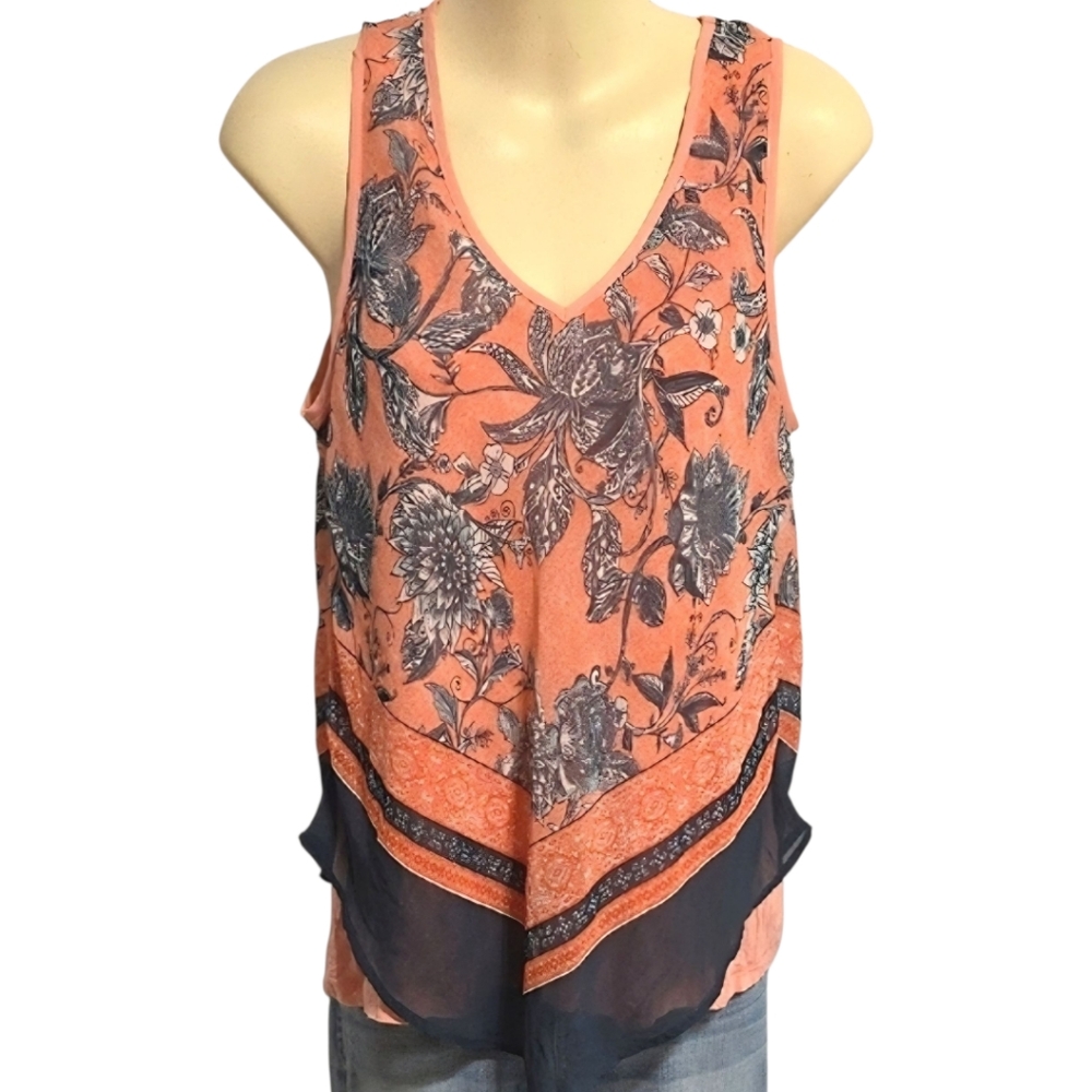 Floral V-Neck Layered Tank Top - Coral and Navy - M - Picture 1 of 5